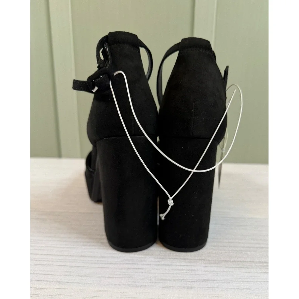 A New Day Size 9 Black Faux Suede Platform Block Heel Ankle Strap Pumps Womens
